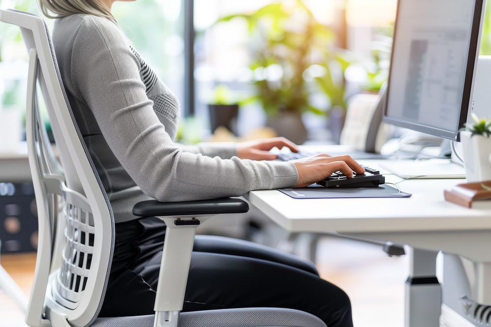 Person seated in an ergonomic office chair typing at a desk with the keyboard at elbow height and the monitor at eye level