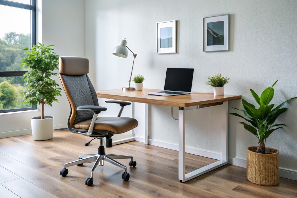 Bright home office with an ergonomic chair, a sit-stand desk holding a laptop and lamp, and potted plants beside a window